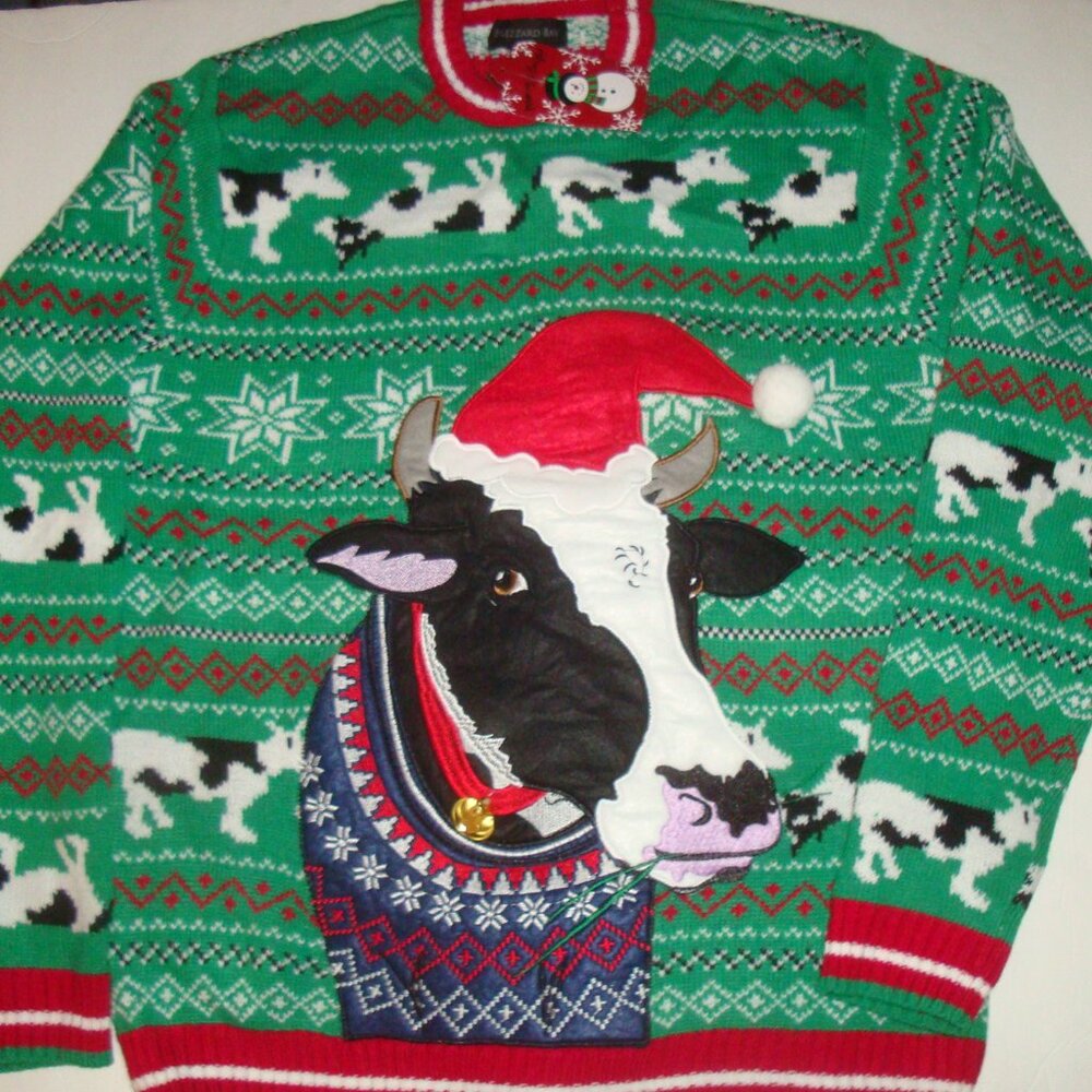 New Blizzard Bay Holiday Christmas Men's Ugly Sweater Santa Cow with Bell M